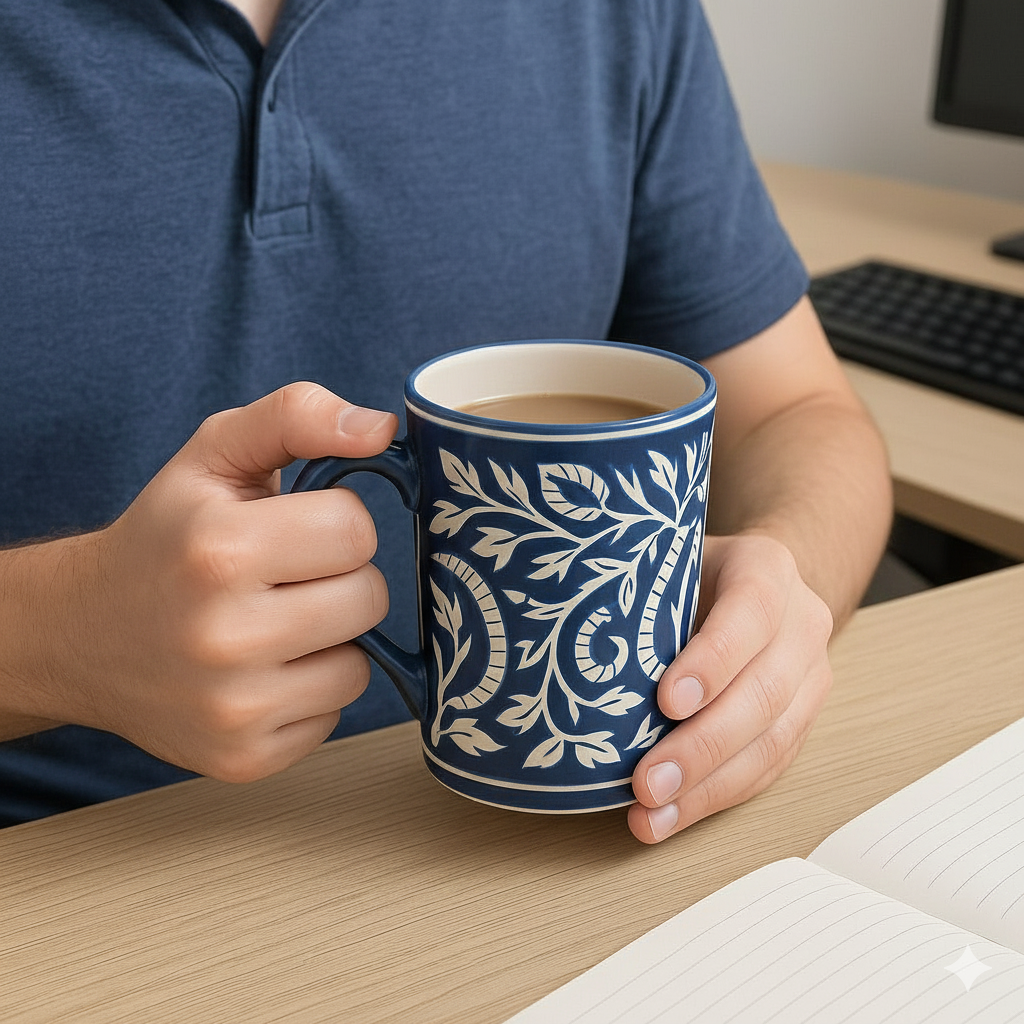 Blue Pottery Blue Floral Handmade Coffee Mug