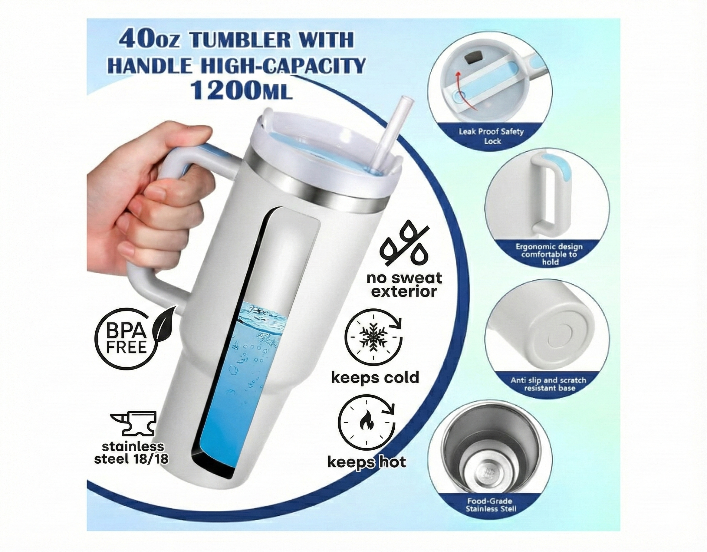 Stainless Steel Insulated Tumbler with Handle & Straw – Leakproof Travel Cup (White)