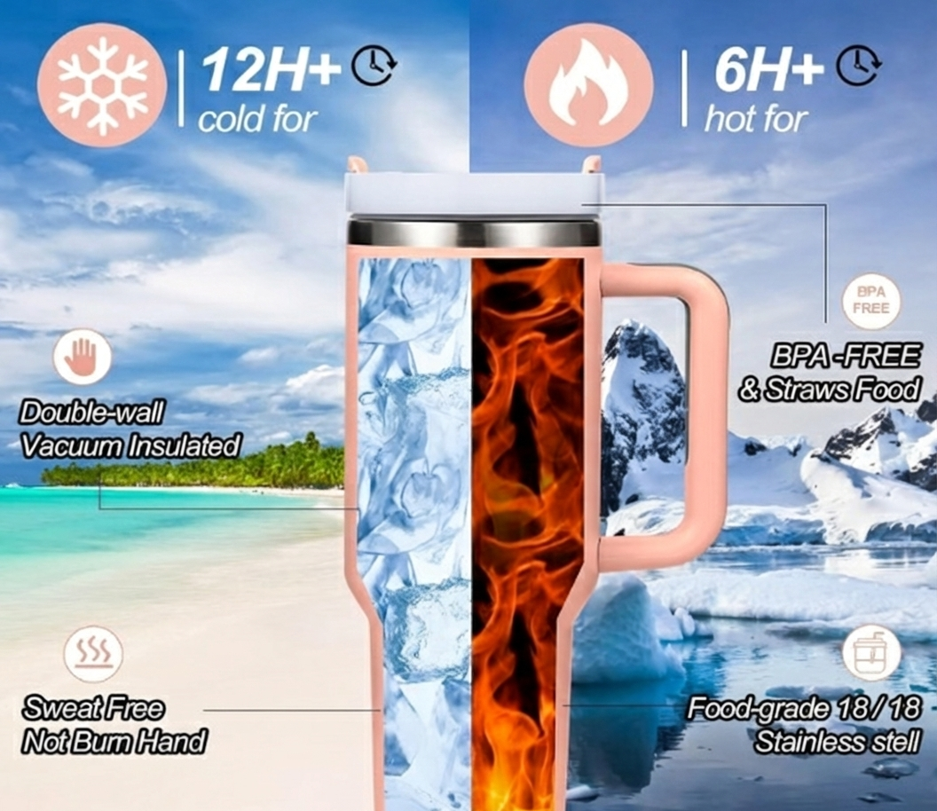 Stainless Steel Insulated Tumbler with Handle & Straw – Leakproof Travel Cup (Pink)