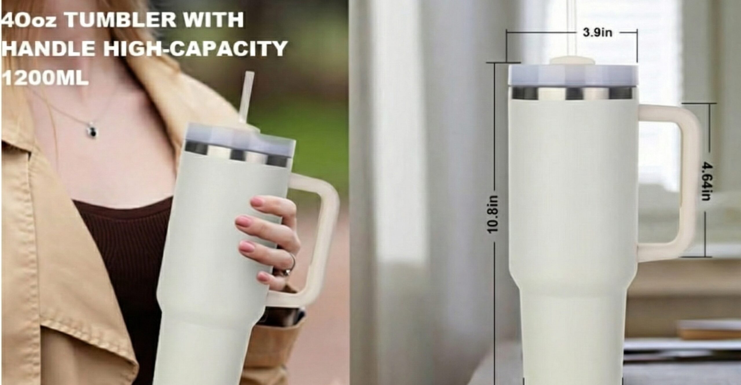 Stainless Steel Insulated Tumbler with Handle & Straw – Leakproof Travel Cup (White)