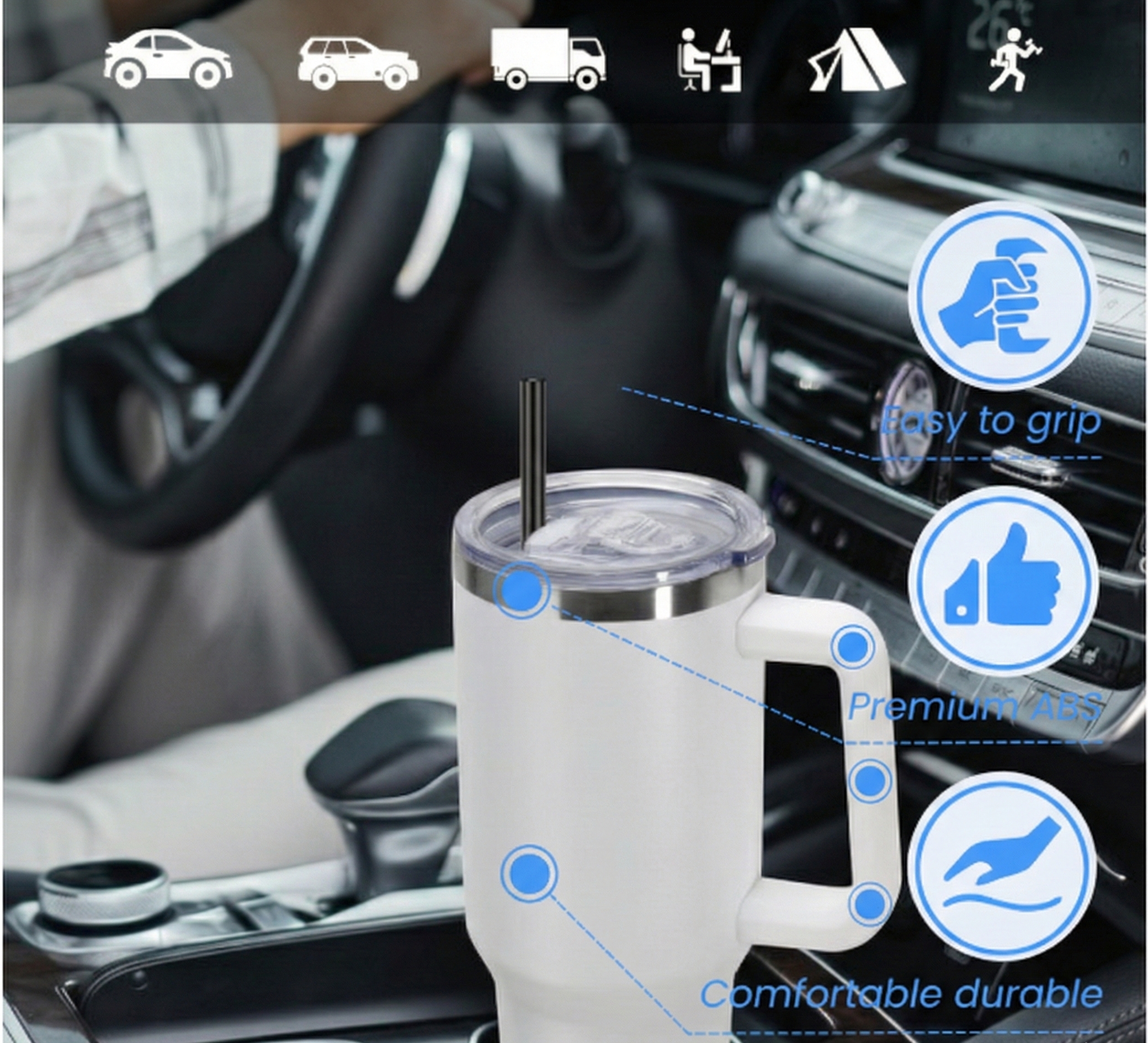 Stainless Steel Insulated Tumbler with Handle & Straw – Leakproof Travel Cup (White)