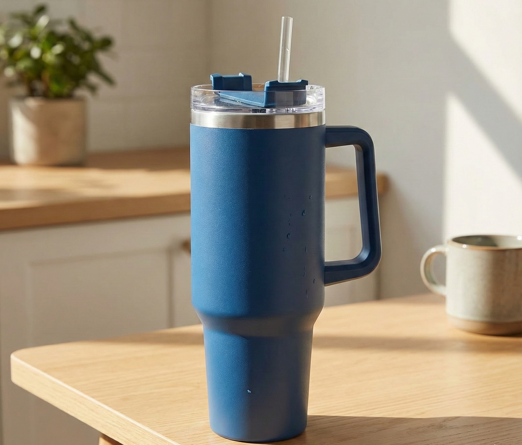 Stainless Steel Insulated Tumbler with Handle & Straw – Leakproof Travel Cup (Blue)