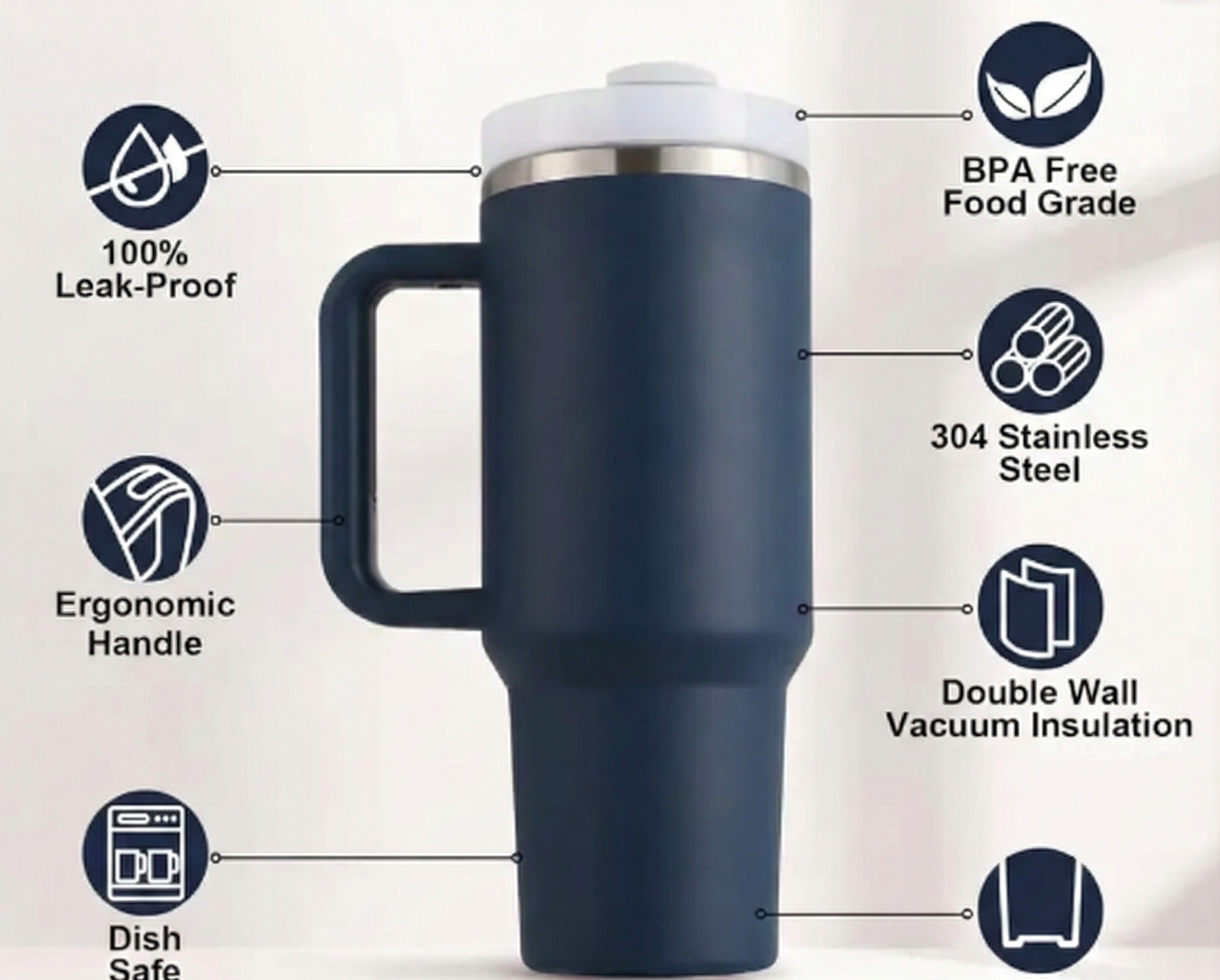 Stainless Steel Insulated Tumbler with Handle & Straw – Leakproof Travel Cup (Blue)