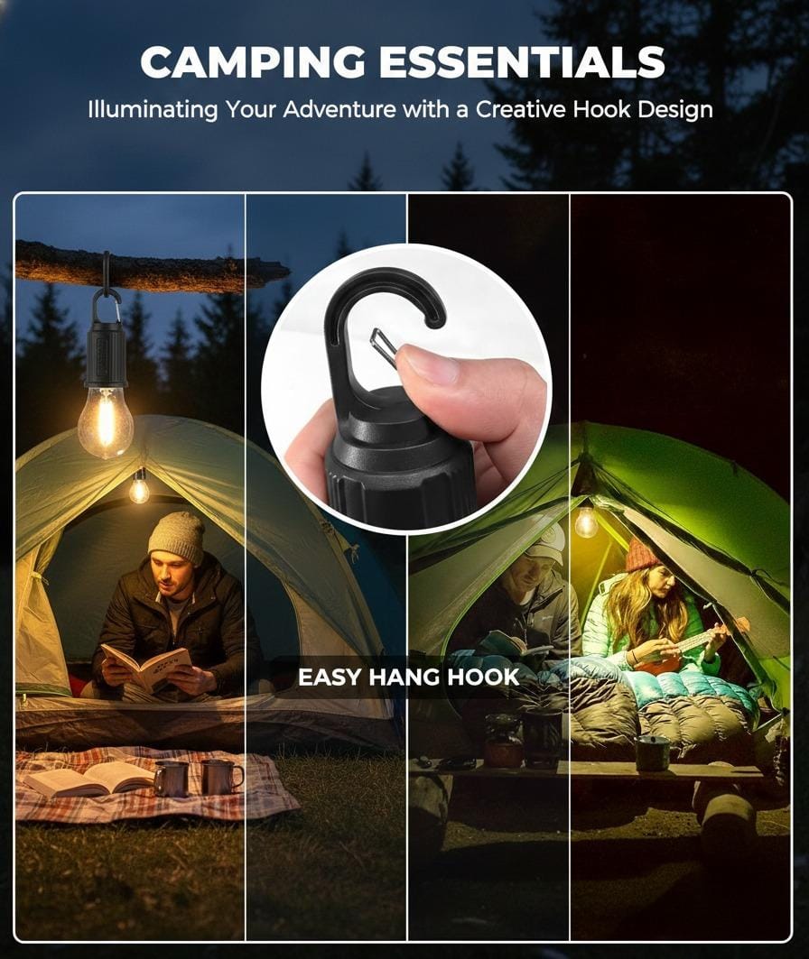 Hanging Camping Lamp with Hook – Vintage LED Bulb