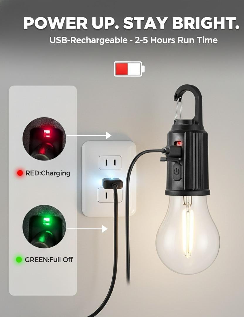 Hanging Camping Lamp with Hook – Vintage LED Bulb