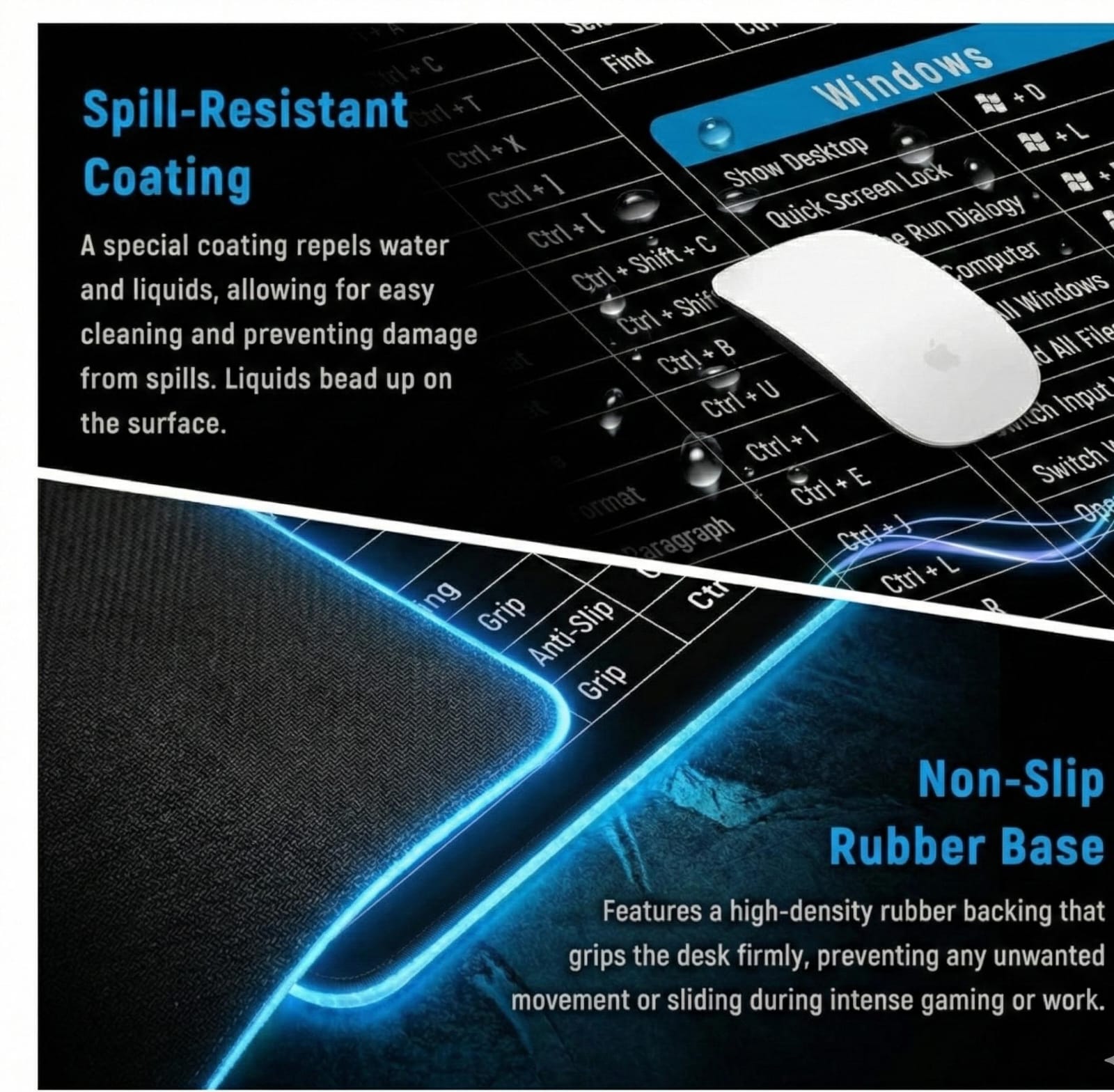 Anti-Slip Keyboard Shortcuts Desk Mat – Large Computer & Mouse Pad (Black)