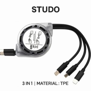 3-in-1 Retractable USB Charging Cable – Fast Charging Data Cable (Black)