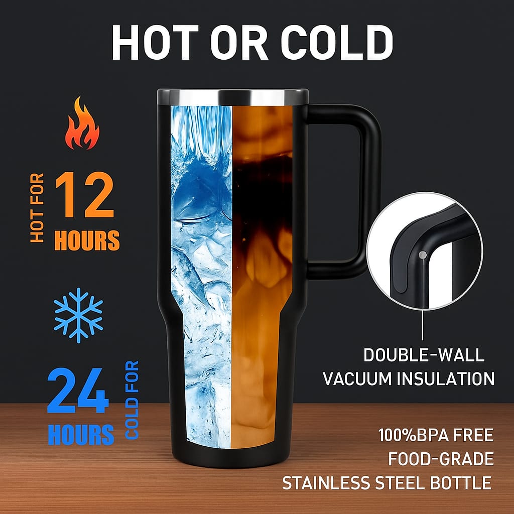 Stainless Steel Insulated Tumbler with Handle & Straw – Leakproof Travel Cup (Black)