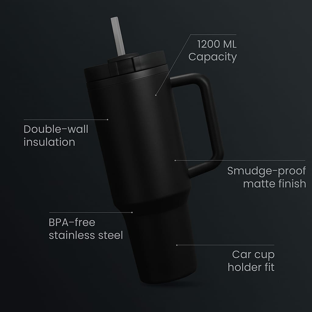 Stainless Steel Insulated Tumbler with Handle & Straw – Leakproof Travel Cup (Black)