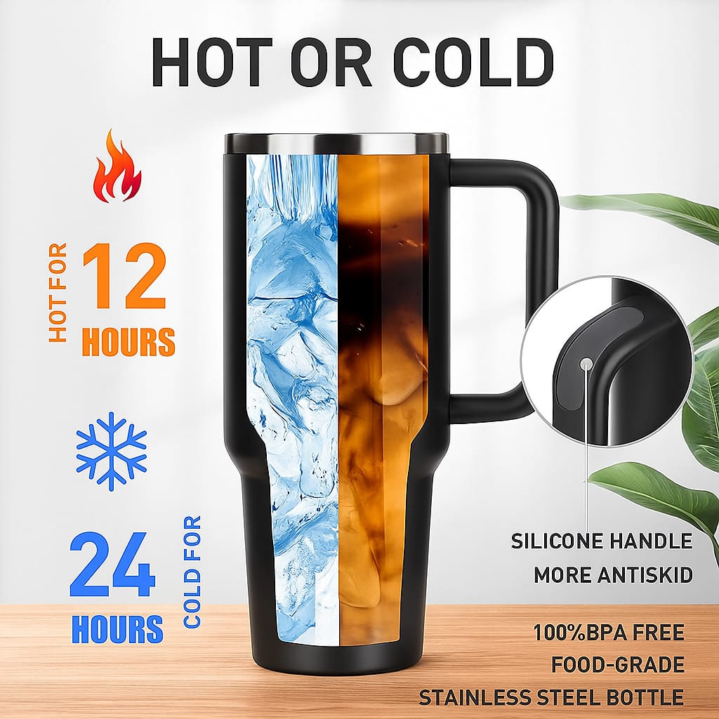 Stainless Steel Insulated Tumbler with Handle & Straw – Leakproof Travel Cup (Black)