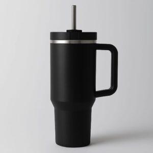 Stainless Steel Insulated Tumbler with Handle & Straw – Leakproof Travel Cup (Black)