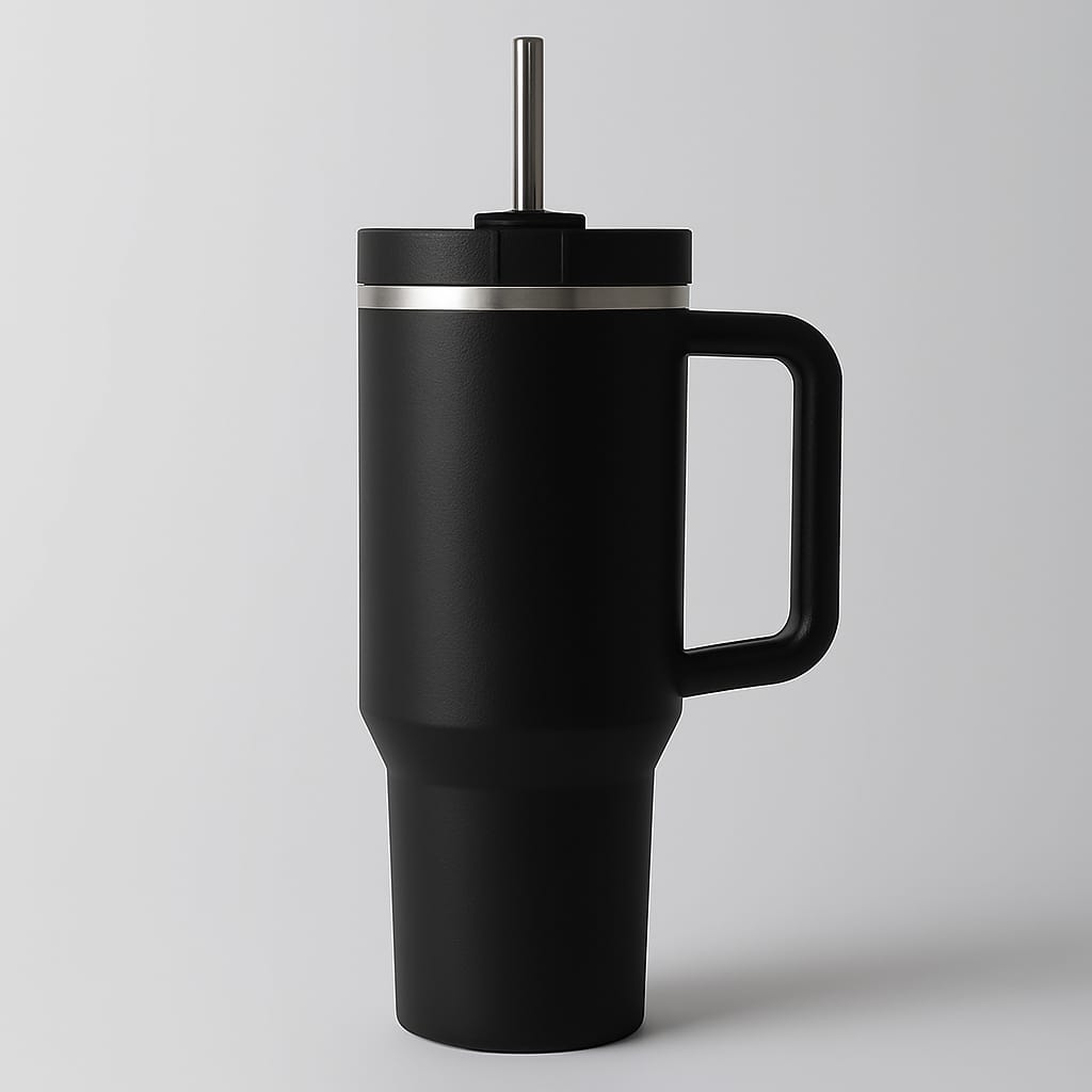 Stainless Steel Insulated Tumbler with Handle & Straw – Leakproof Travel Cup (Black)