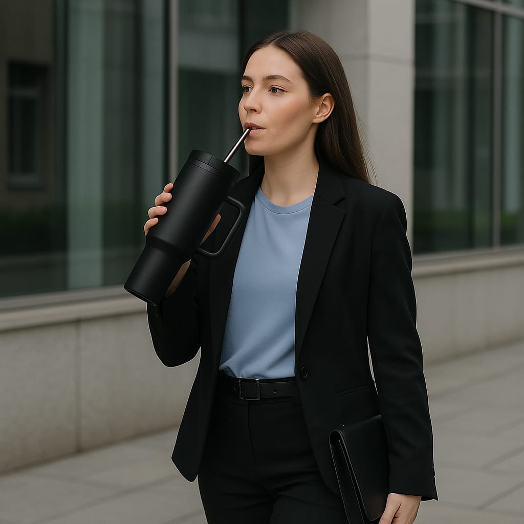 Stainless Steel Insulated Tumbler with Handle & Straw – Leakproof Travel Cup (Black)