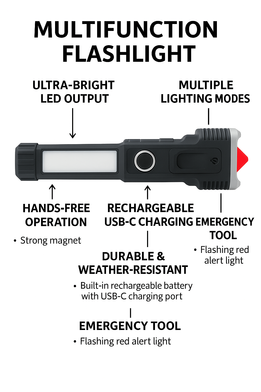 Rechargeable Hammer Torch -6-in-1 LED Emergency Flashlight