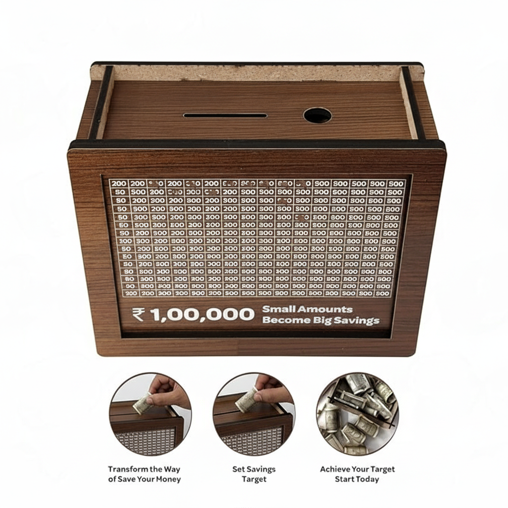 Wooden Savings Challenge Money Bank – ₹1,00,000 Goal Cash Saving Box