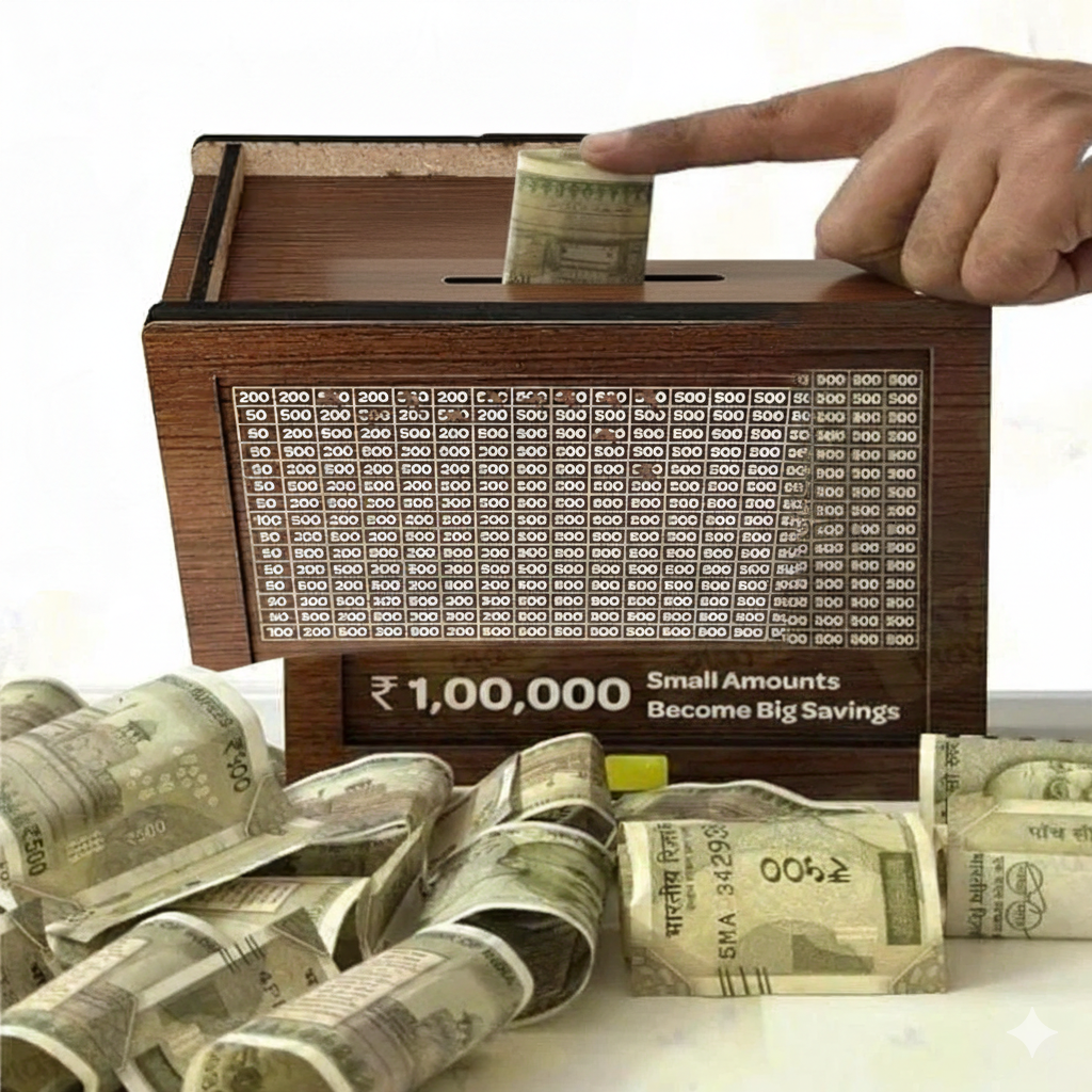 Wooden Savings Challenge Money Bank – ₹1,00,000 Goal Cash Saving Box